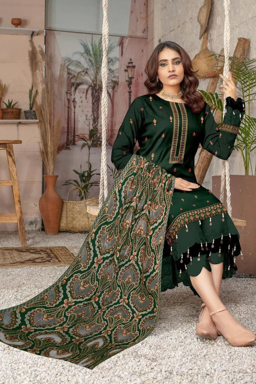 Bareeze  1672 Green Unstitched Luxury Dhanak Heavy Embroidered 3PC Suit With Laser Cut Shawl