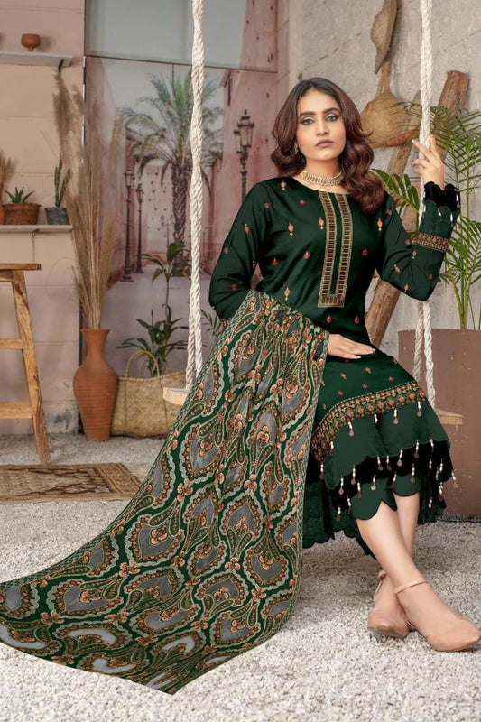 Bareeze  1672 Green Unstitched Luxury Dhanak Heavy Embroidered 3PC Suit With Laser Cut Shawl