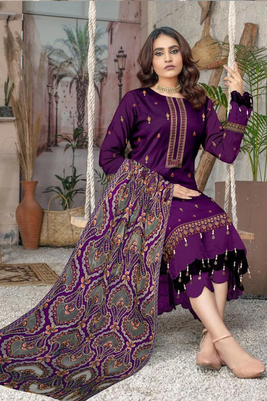 Bareeze  1672 Purple Unstitched Luxury Dhanak Heavy Embroidered 3PC Suit With Laser Cut Shawl