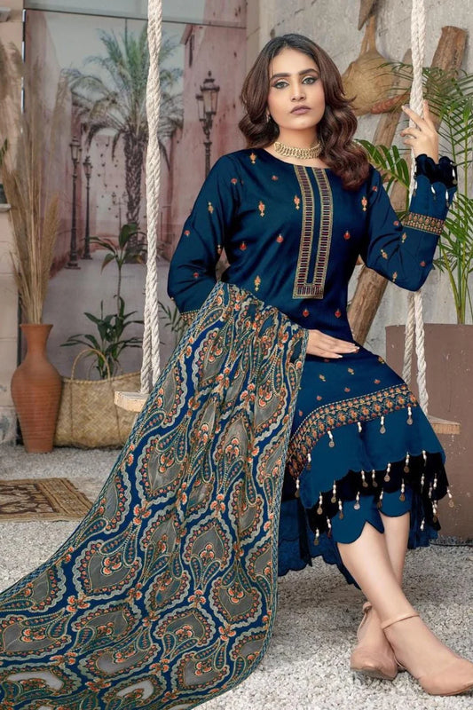 Bareeze  1672 Blue Unstitched Luxury Dhanak Heavy Embroidered 3PC Suit With Laser Cut Shawl